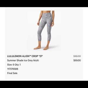Lululemon Align Crop 21” Size 6